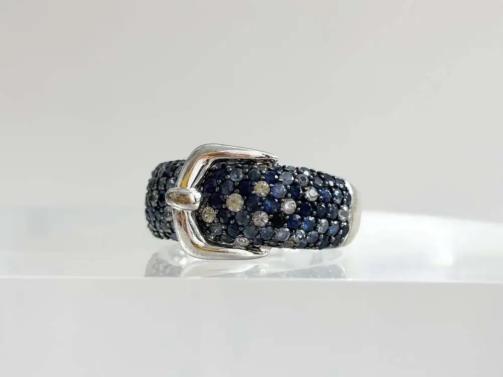 Belt Buckle Multi Shade Blue Topaz Cluster Round Cut Gemstone Sterling Silver 92